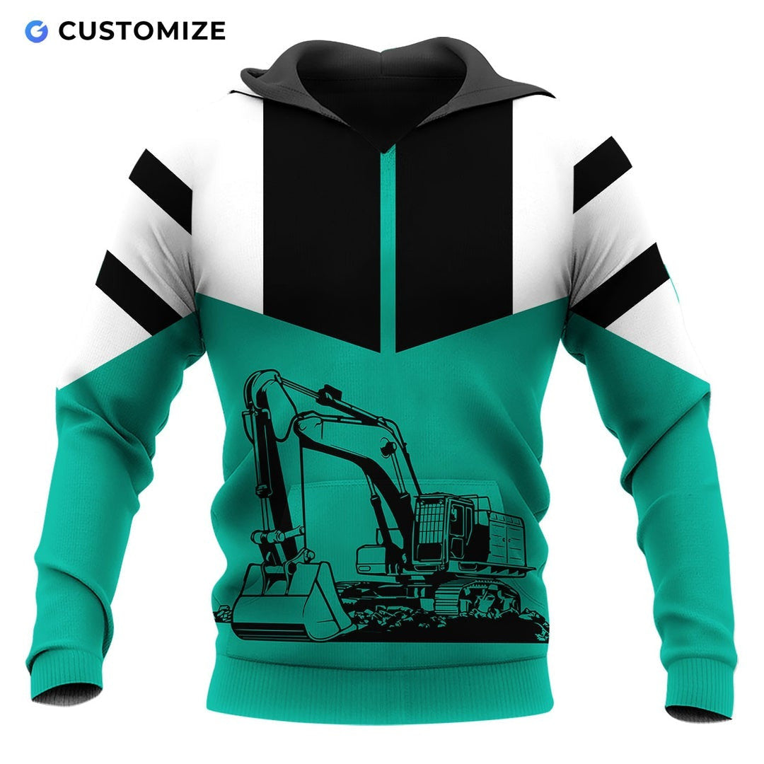 Personalized excavator operator hoodie featuring teal black excavator all-over print