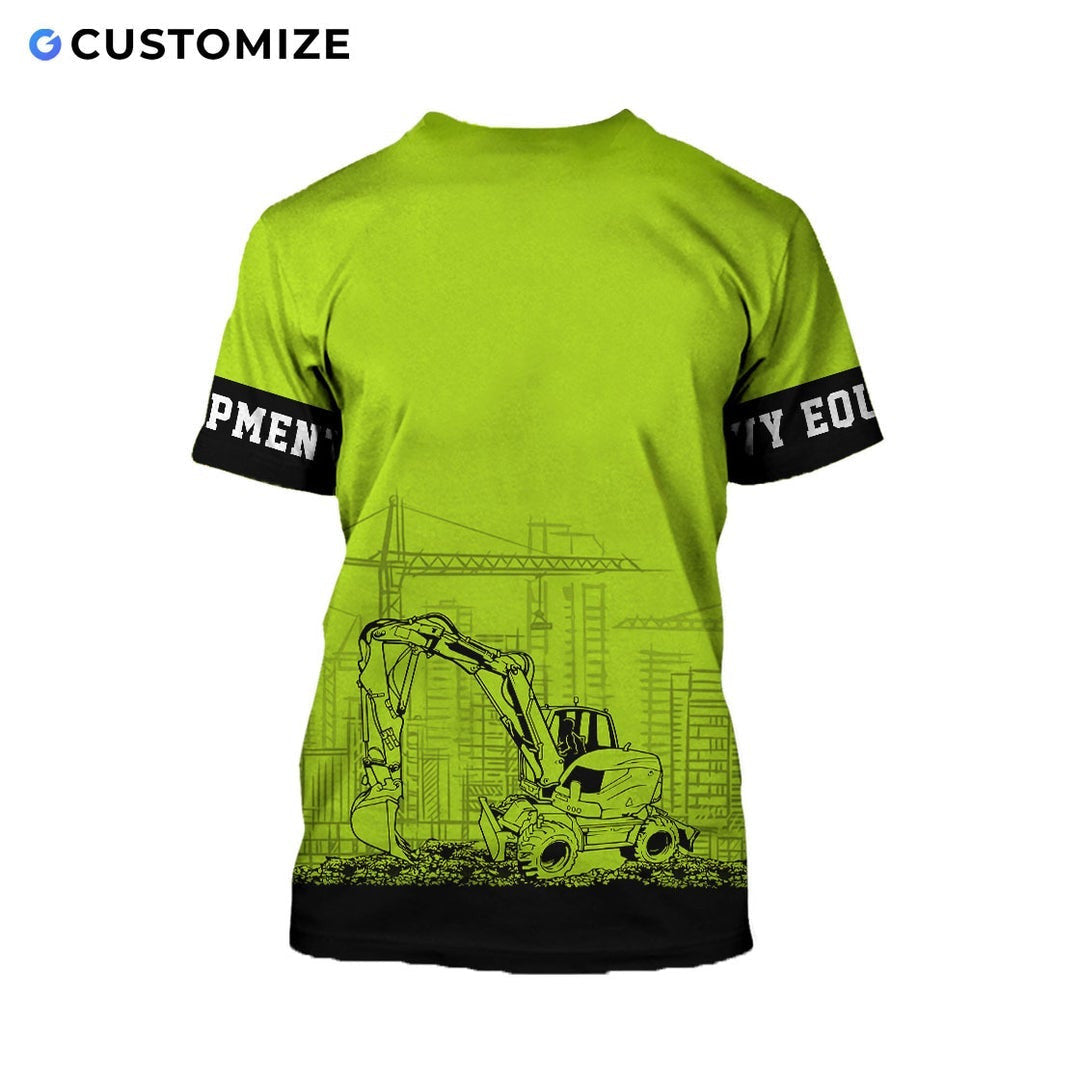 Personalized excavator operator t-shirt featuring yellow number 01 excavator all-over print, back view