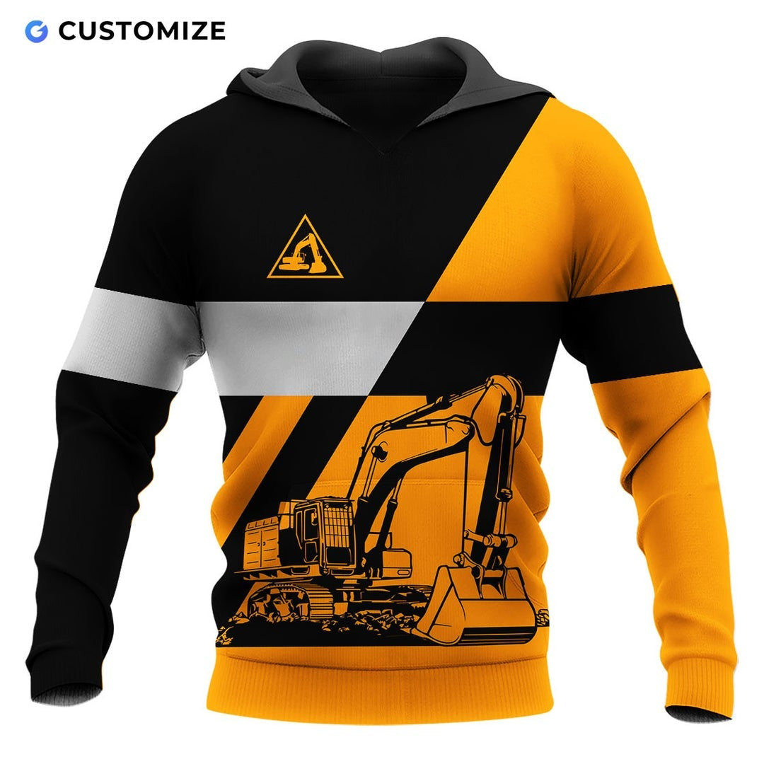 Personalized excavator operator hoodie featuring orange black white excavator stripes all-over print