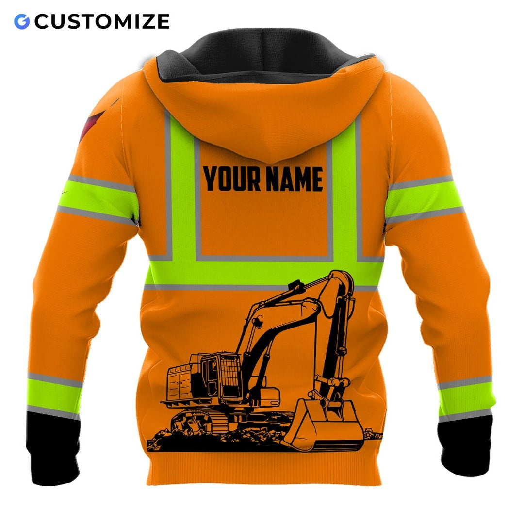 Personalized excavator operator hoodie featuring orange american flag excavator all-over print, back view
