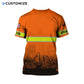 Personalized excavator operator t-shirt featuring orange stripe print excavator fleet all-over print, back view
