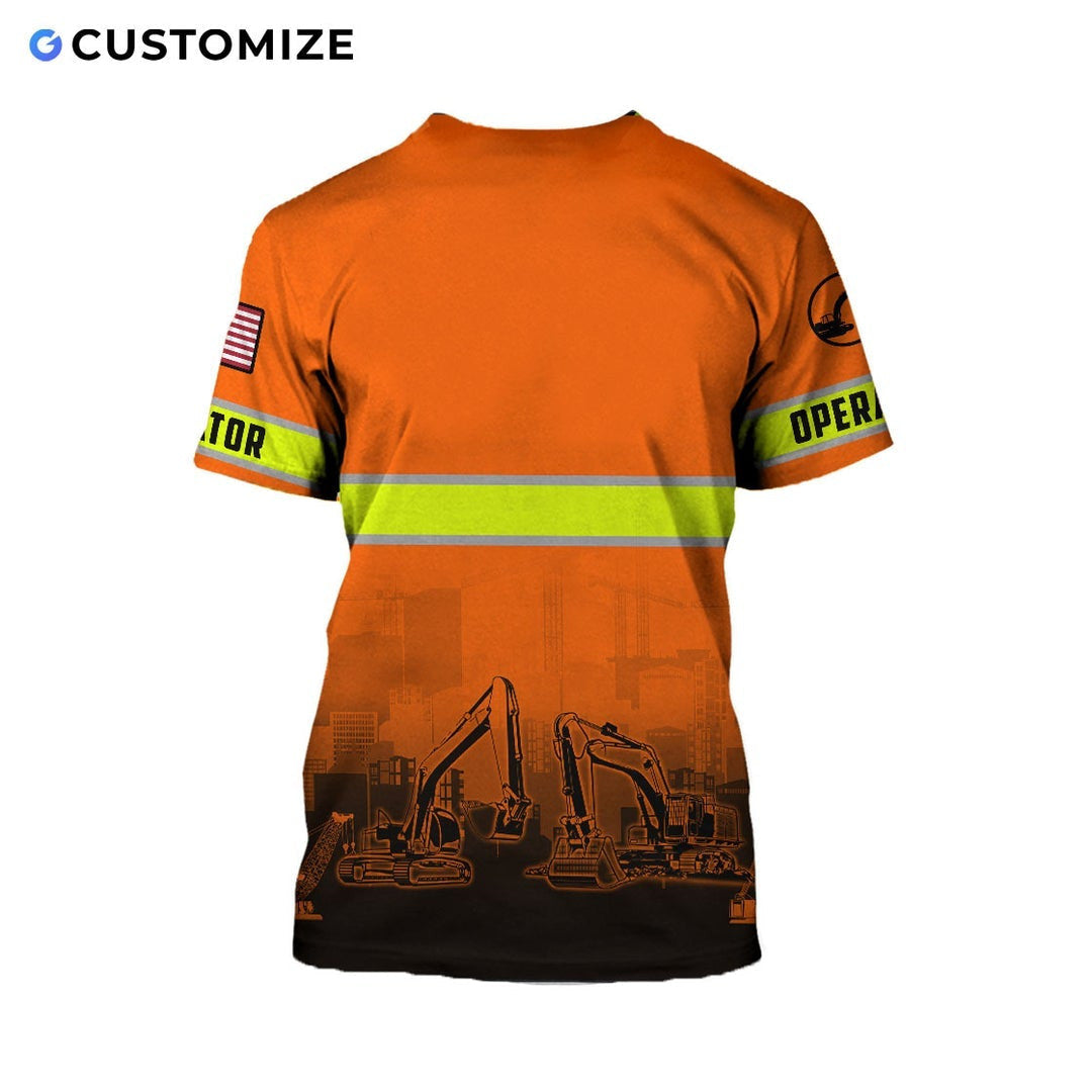 Personalized excavator operator t-shirt featuring orange stripe print excavator fleet all-over print, back view