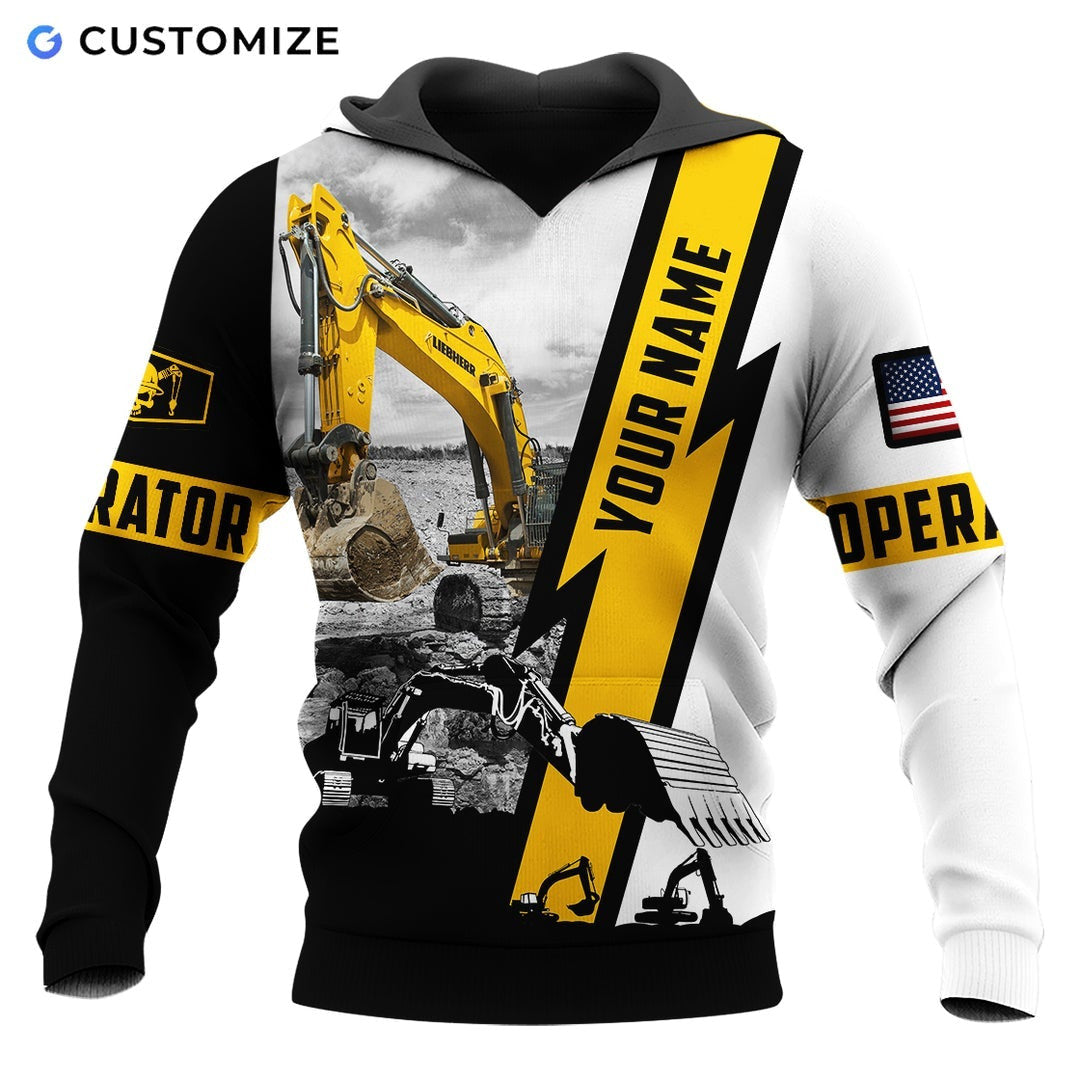 Personalized excavator operator hoodie featuring white black yellow excavator panel all-over print