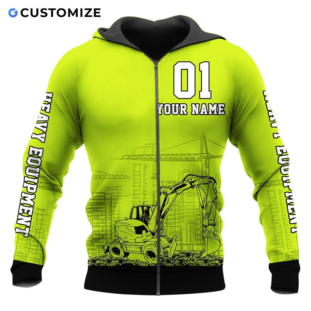 Personalized excavator operator zip hoodie featuring yellow number 01 excavator all-over print, zip-front design