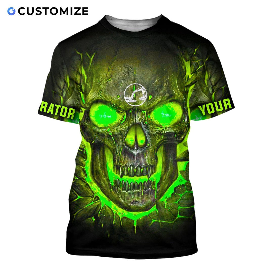 Personalized excavator operator t-shirt featuring green skull print all-over print, short-sleeve design