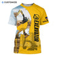 Personalized excavator operator t-shirt featuring yellow excavator collage all-over print, short-sleeve design