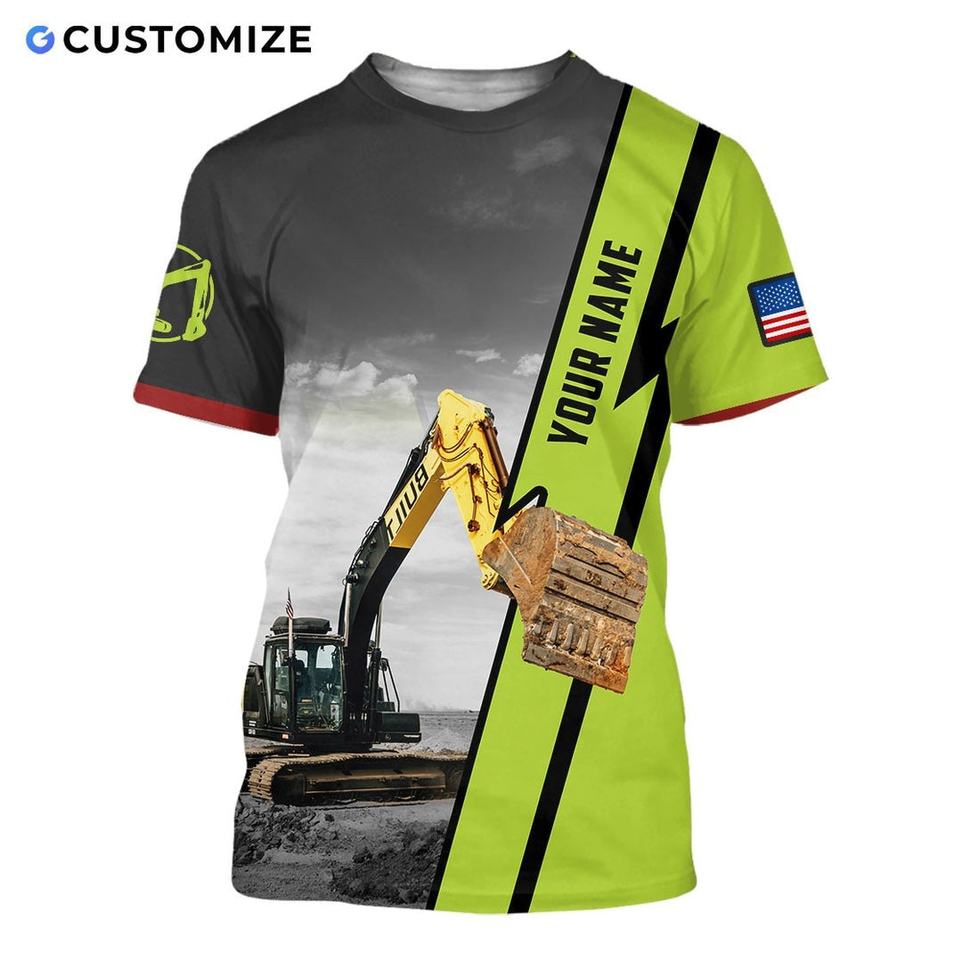 Personalized excavator operator t-shirt featuring excavator photo and name stripe all-over print, back view