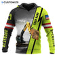 Personalized excavator operator hoodie featuring excavator photo and name stripe all-over print