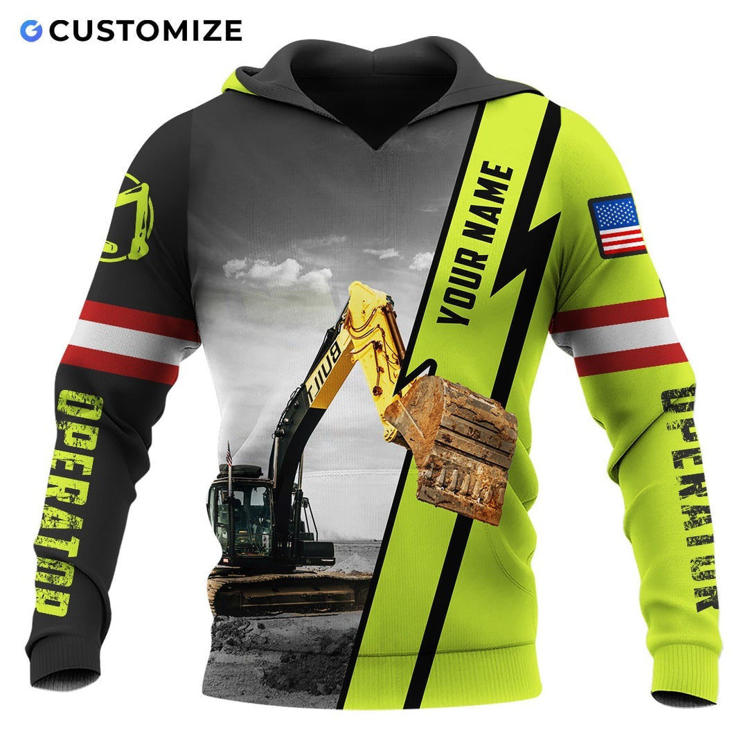 Personalized excavator operator hoodie featuring excavator photo and name stripe all-over print