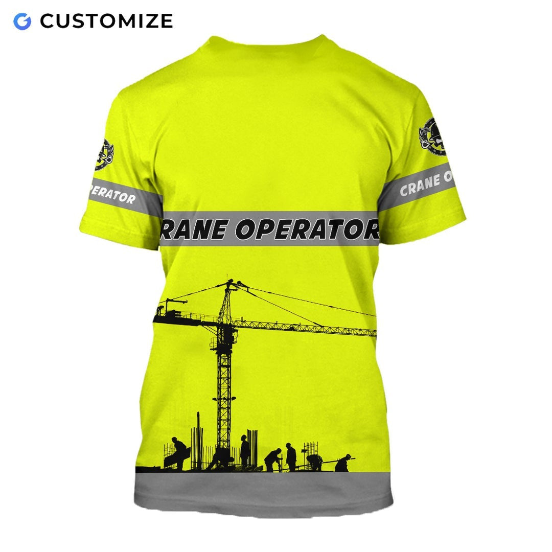 Personalized crane operator t-shirt featuring yellow crane print all-over print, back view