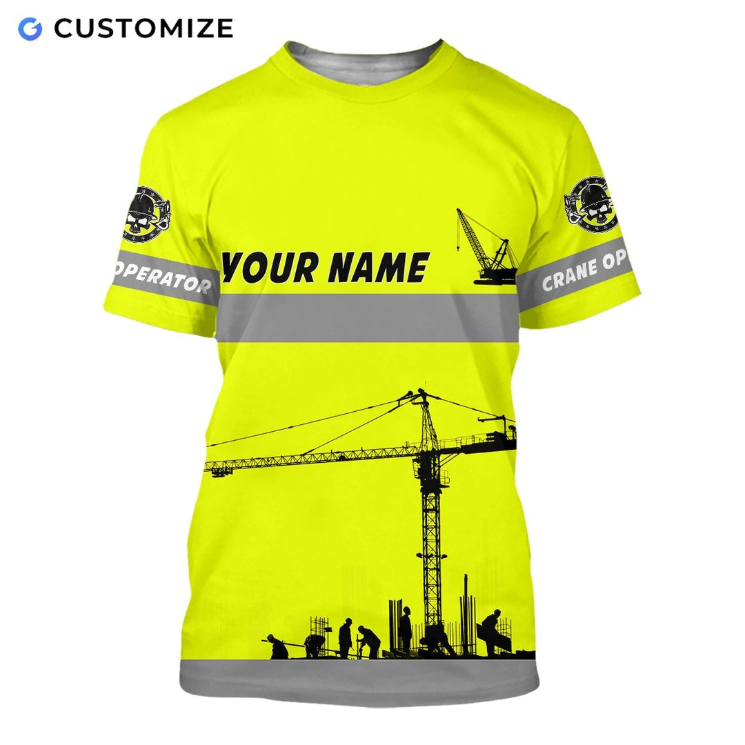 Personalized crane operator t-shirt featuring yellow crane print all-over print, short-sleeve design