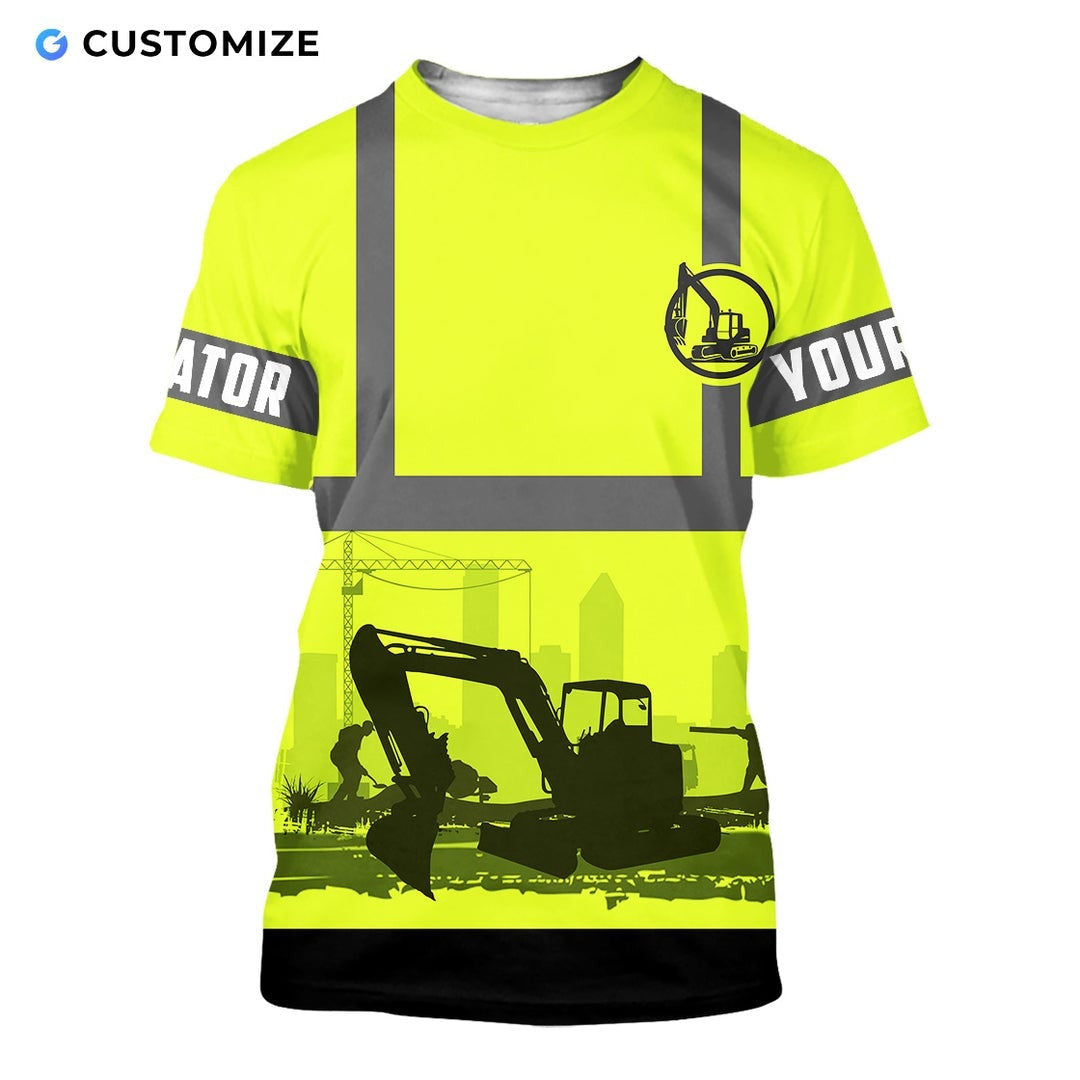 Personalized excavator operator t-shirt featuring yellow grey stripe excavator silhouette all-over print, short-sleeve design
