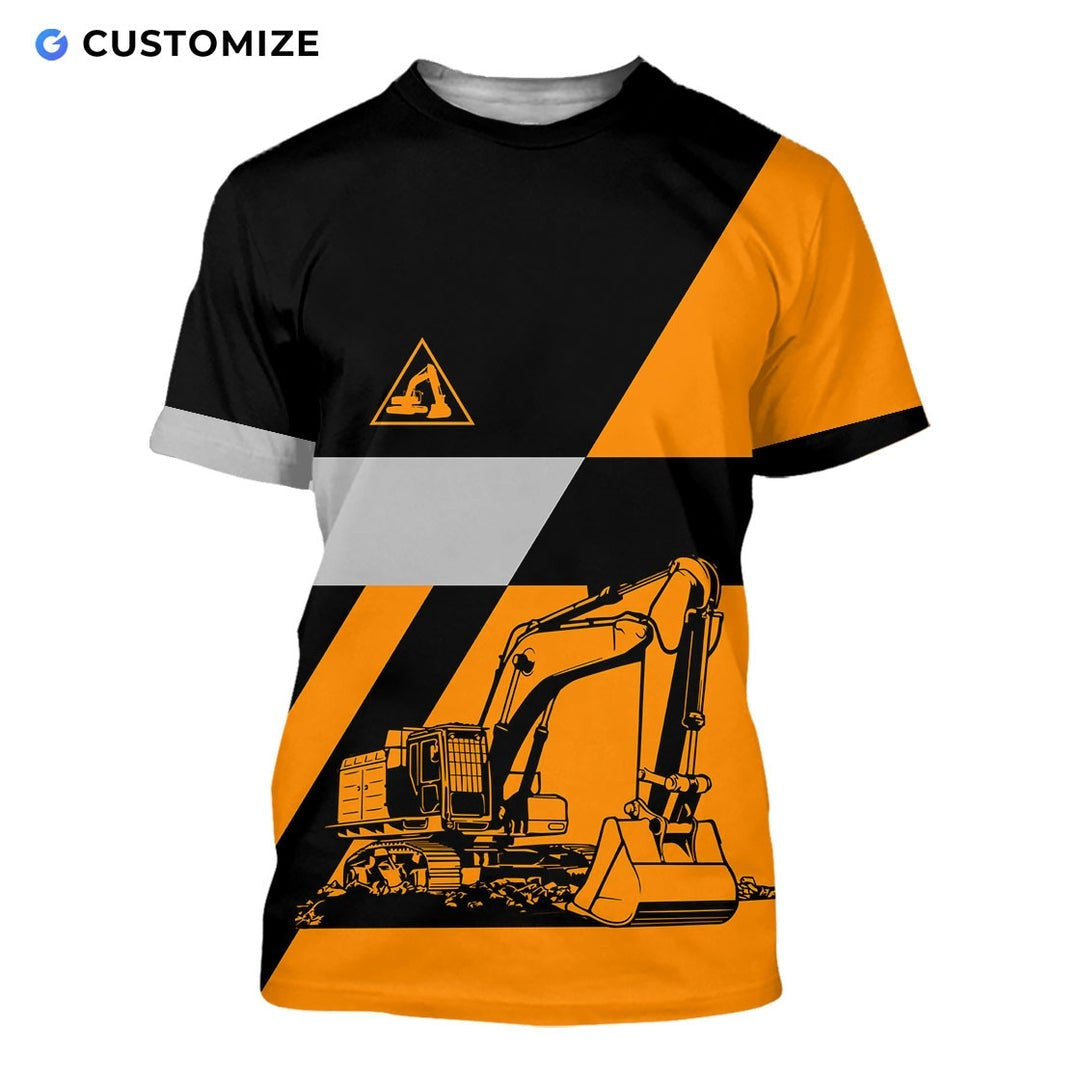 Personalized excavator operator t-shirt featuring orange black white excavator stripes all-over print, short-sleeve design