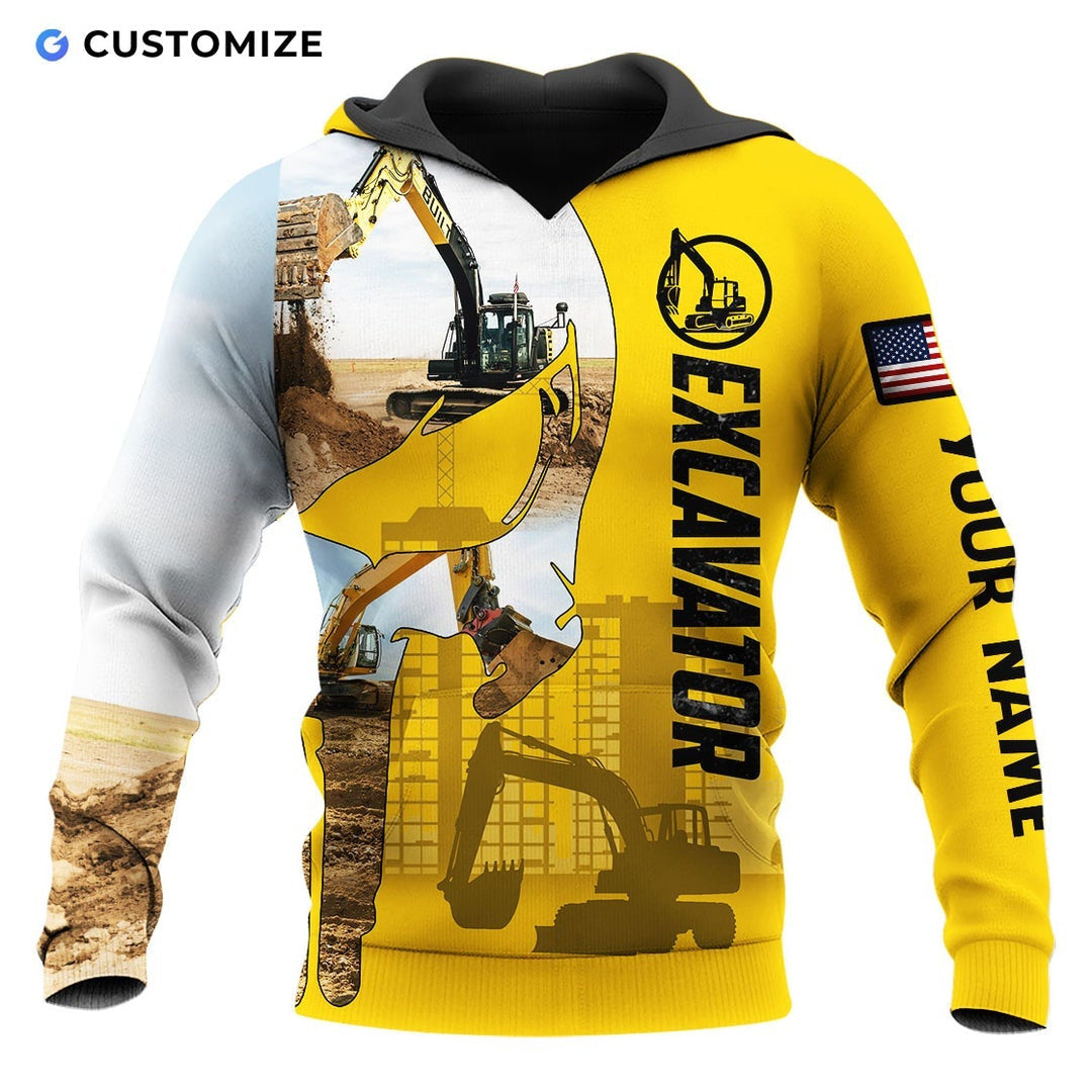Personalized excavator operator hoodie featuring yellow excavator collage all-over print