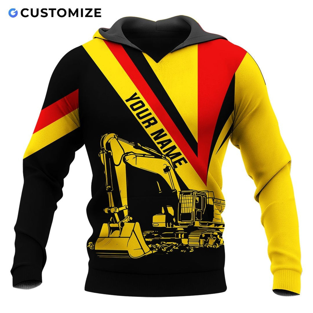 Personalized excavator operator hoodie featuring yellow red black excavator all-over print