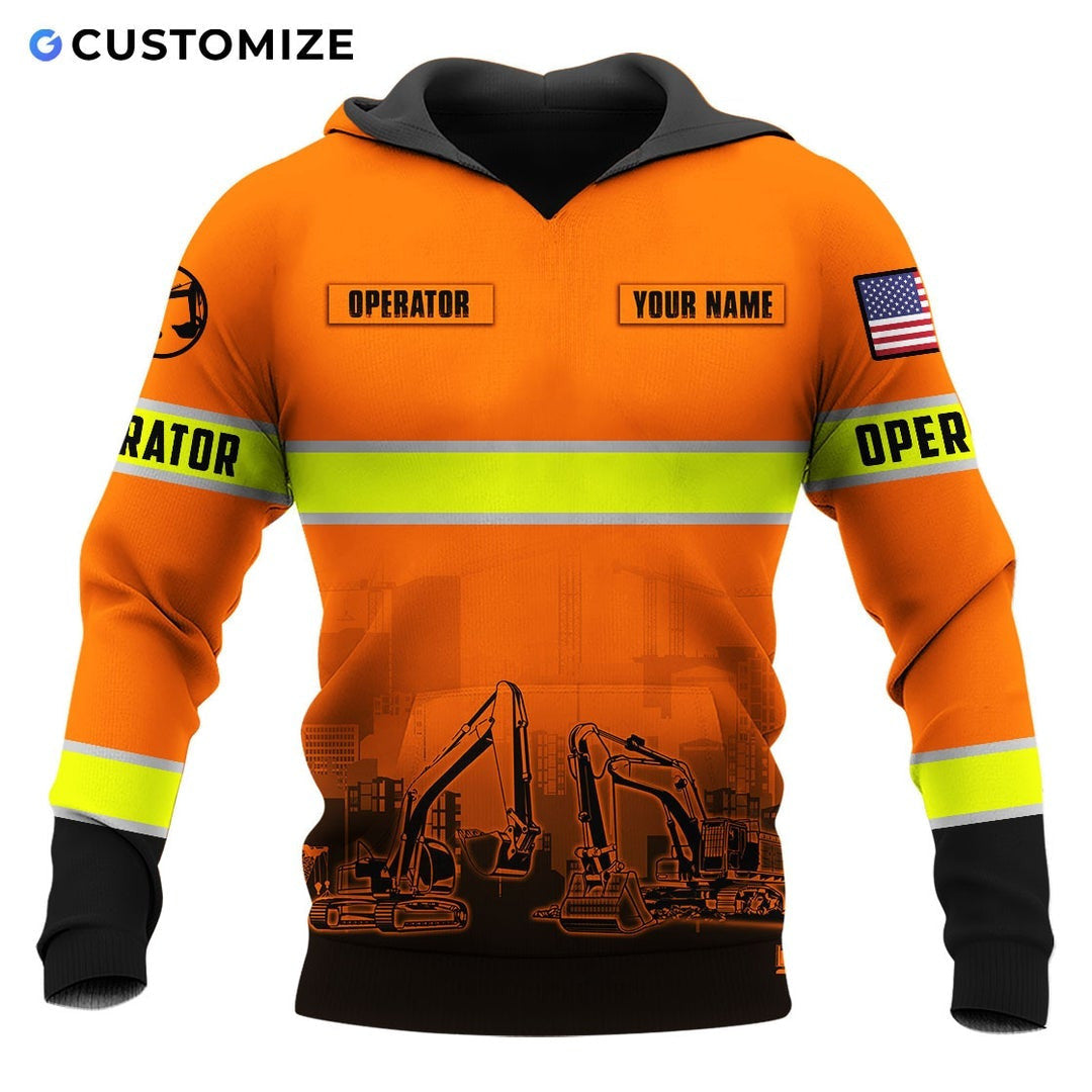 Personalized excavator operator hoodie featuring orange stripe print excavator fleet all-over print