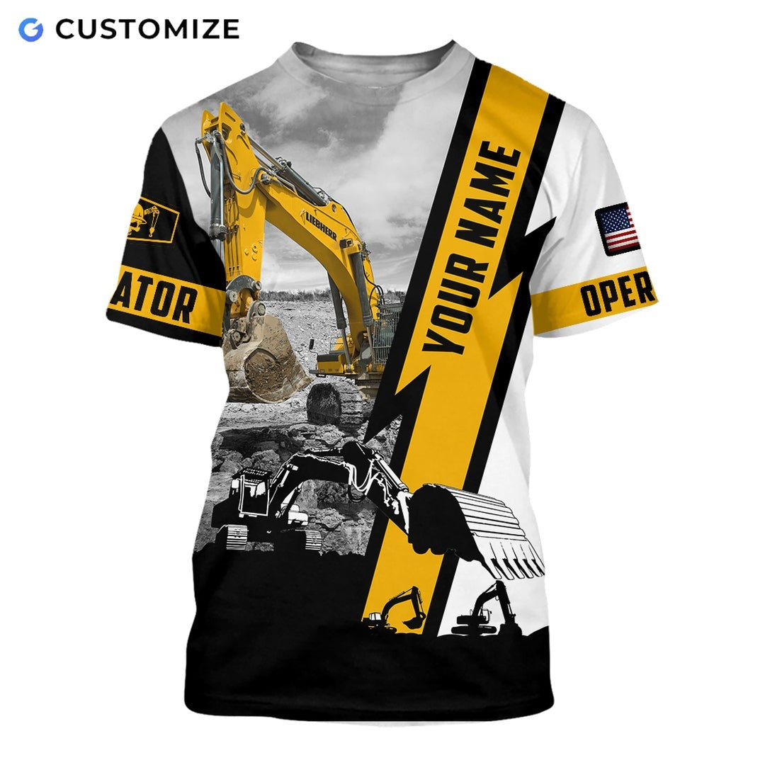 Personalized excavator operator t-shirt featuring white black yellow excavator panel all-over print, short-sleeve design