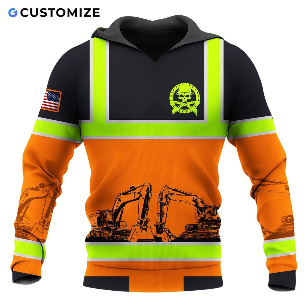 Personalized excavator operator hoodie featuring black orange excavator stripe print all-over print