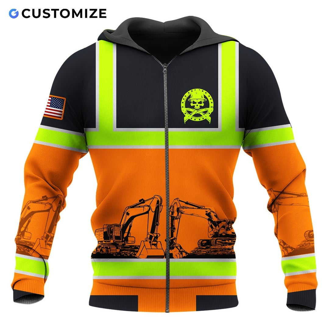 Personalized excavator operator zip hoodie featuring black orange excavator stripe print all-over print, zip-front design