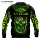 Personalized excavator operator hoodie featuring green skull print all-over print, back view