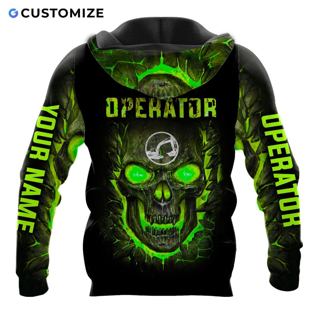 Personalized excavator operator hoodie featuring green skull print all-over print, back view