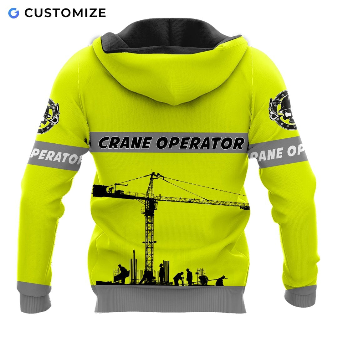 Personalized crane operator hoodie featuring yellow crane print all-over print, back view