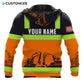 Personalized excavator operator hoodie featuring black orange excavator stripe print all-over print, back view