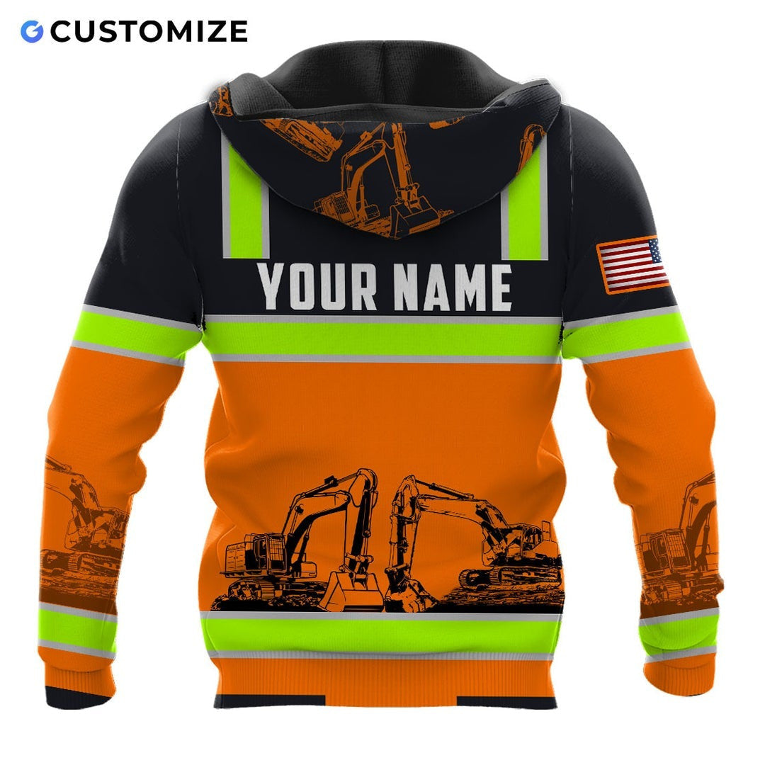 Personalized excavator operator hoodie featuring black orange excavator stripe print all-over print, back view