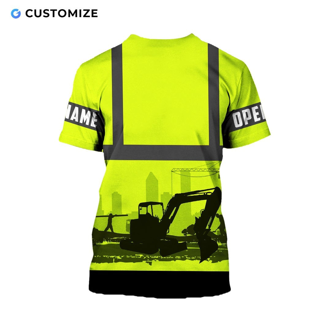 Personalized excavator operator t-shirt featuring yellow grey stripe excavator silhouette all-over print, back view