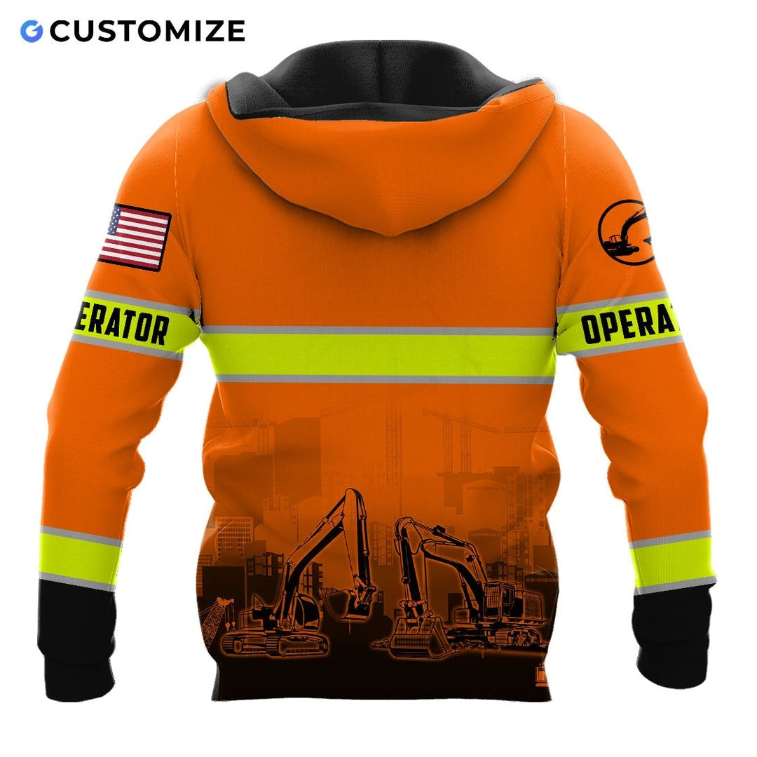 Personalized excavator operator hoodie featuring orange stripe print excavator fleet all-over print, back view
