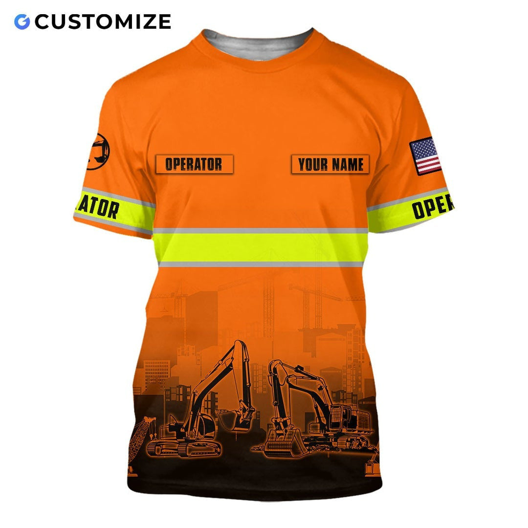 Personalized excavator operator t-shirt featuring orange stripe print excavator fleet all-over print, short-sleeve design