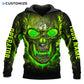 Personalized excavator operator hoodie featuring green skull print all-over print