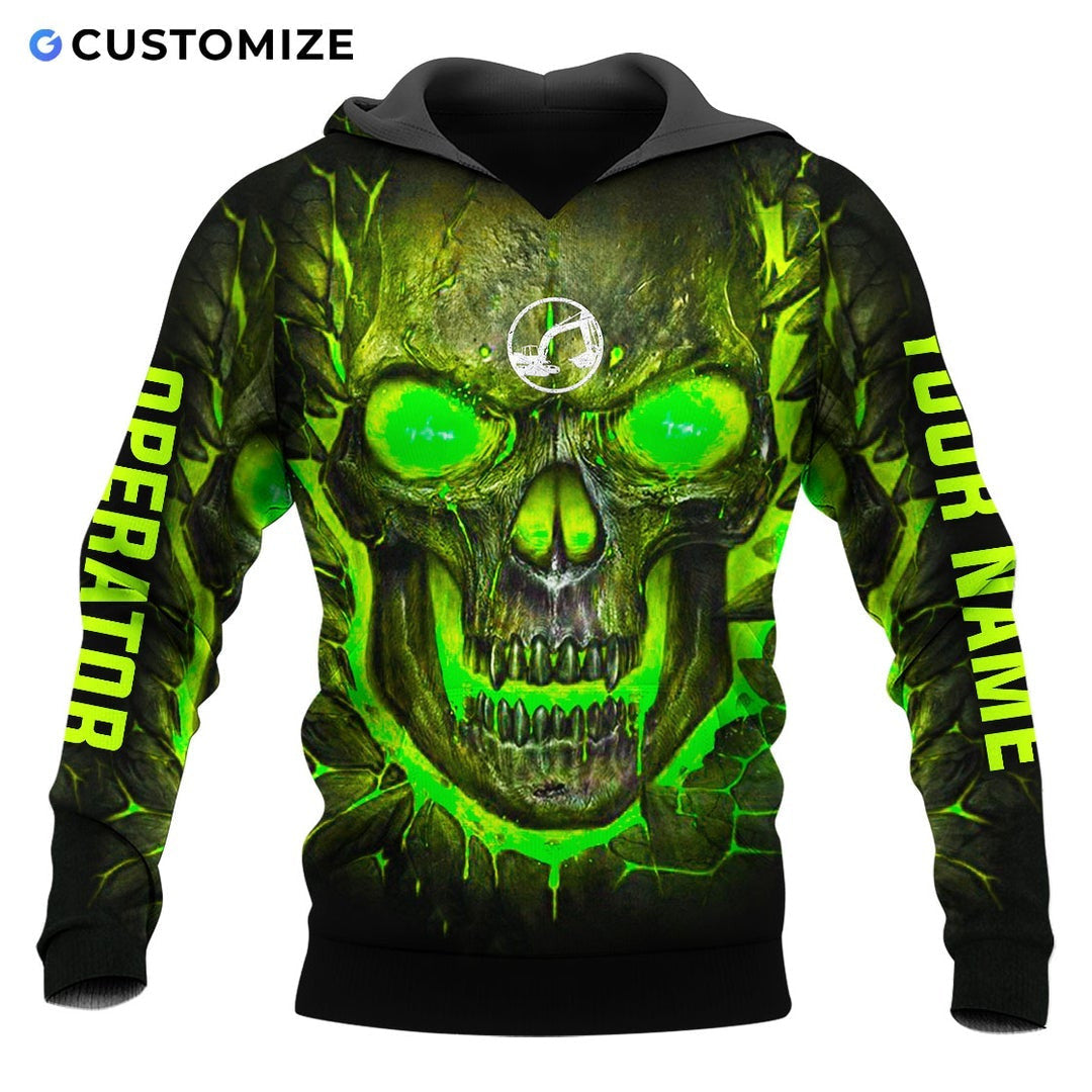 Personalized excavator operator hoodie featuring green skull print all-over print