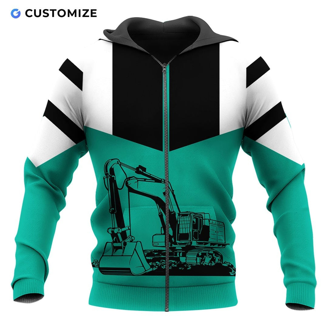 Personalized excavator operator zip hoodie featuring teal black excavator all-over print, zip-front design