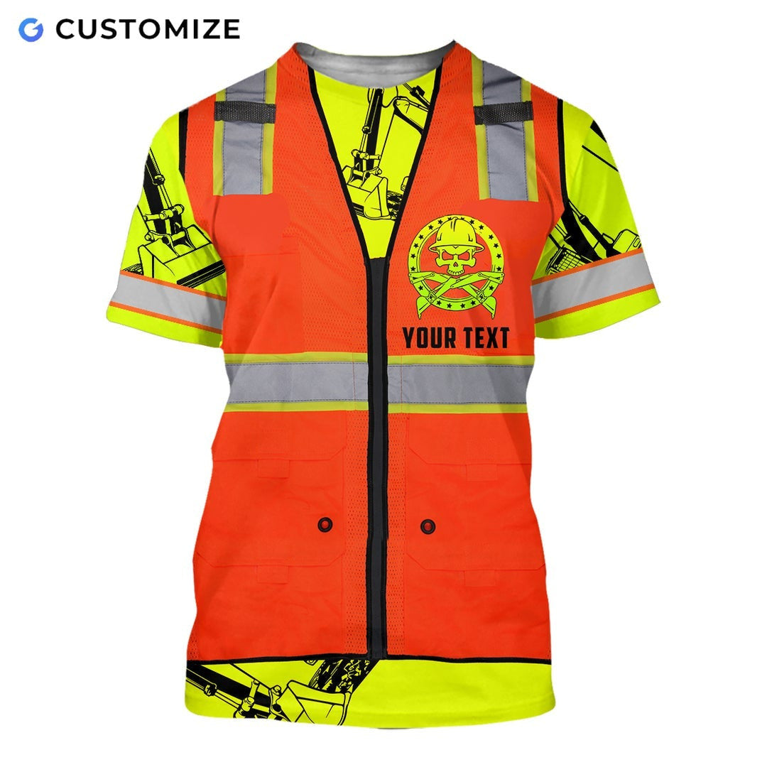 Personalized excavator operator t-shirt featuring orange vest print excavator sleeves all-over print, short-sleeve design