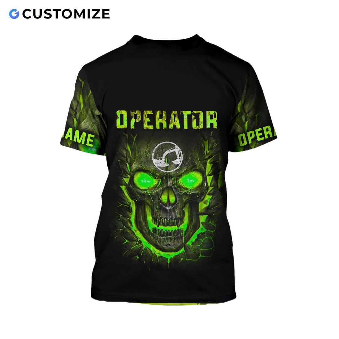 Personalized excavator operator t-shirt featuring green skull print all-over print, back view