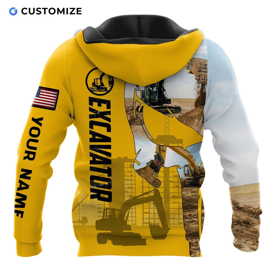 Personalized excavator operator hoodie featuring yellow excavator collage all-over print, back view