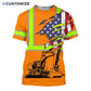Personalized excavator operator t-shirt featuring orange american flag excavator all-over print, short-sleeve design