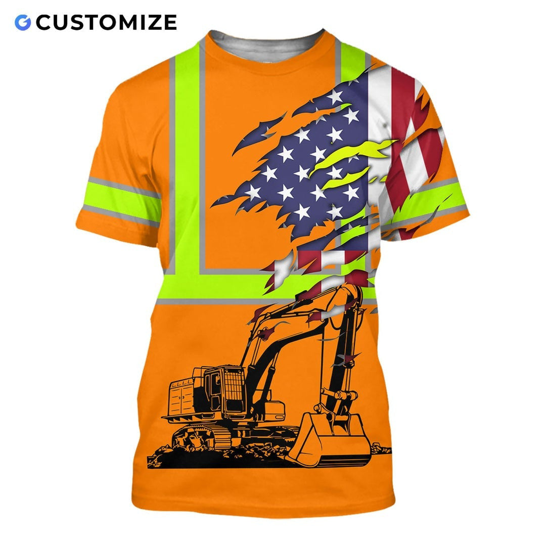 Personalized excavator operator t-shirt featuring orange american flag excavator all-over print, short-sleeve design