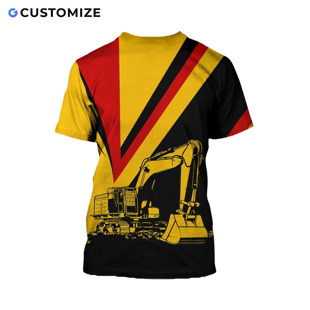 Personalized excavator operator t-shirt featuring yellow red black excavator all-over print, back view