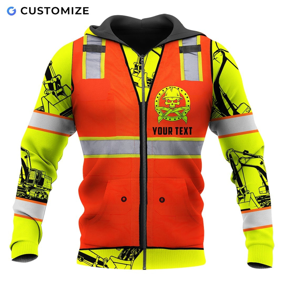 Personalized excavator operator zip hoodie featuring orange vest print excavator sleeves all-over print, zip-front design