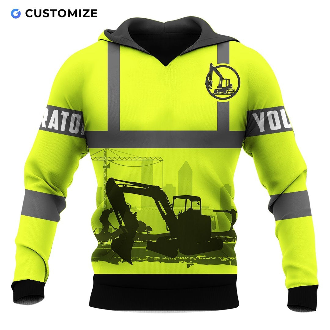 Personalized excavator operator hoodie featuring yellow grey stripe excavator silhouette all-over print