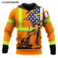 Personalized excavator operator hoodie featuring orange american flag excavator all-over print