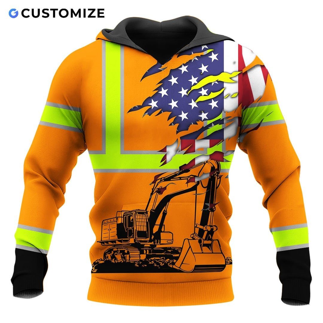 Personalized excavator operator hoodie featuring orange american flag excavator all-over print