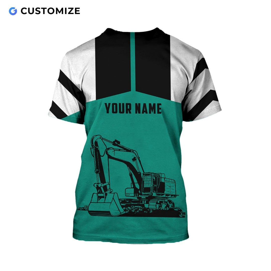 Personalized excavator operator t-shirt featuring teal black excavator all-over print, back view