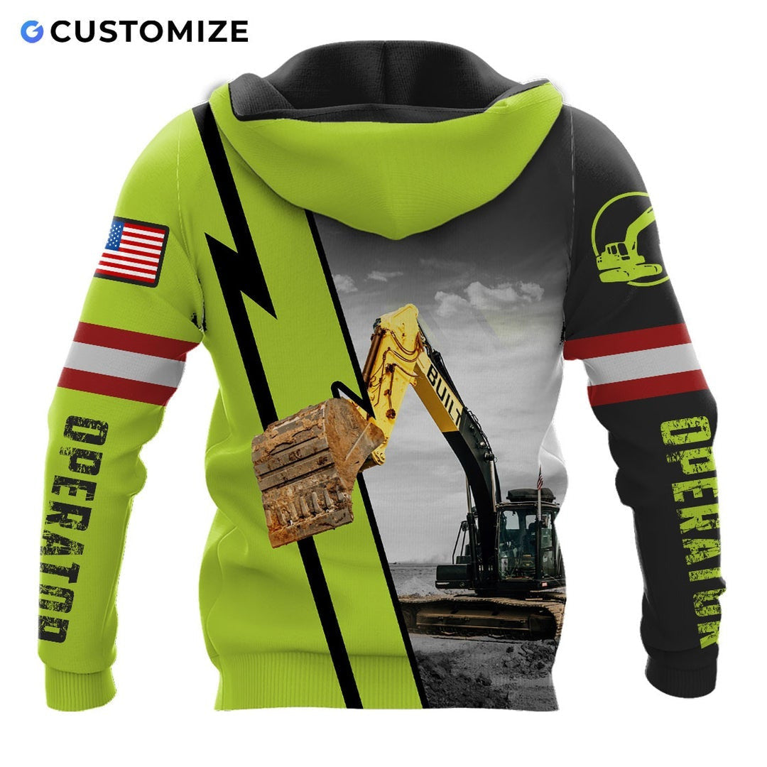 Personalized excavator operator hoodie featuring excavator photo and name stripe all-over print, back view