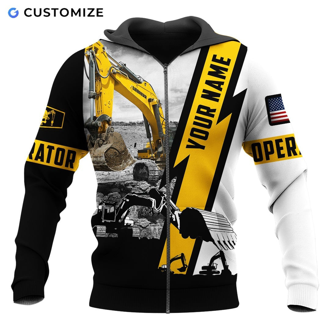 Personalized excavator operator zip hoodie featuring white black yellow excavator panel all-over print, zip-front design
