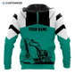 Personalized excavator operator hoodie featuring teal black excavator all-over print, back view