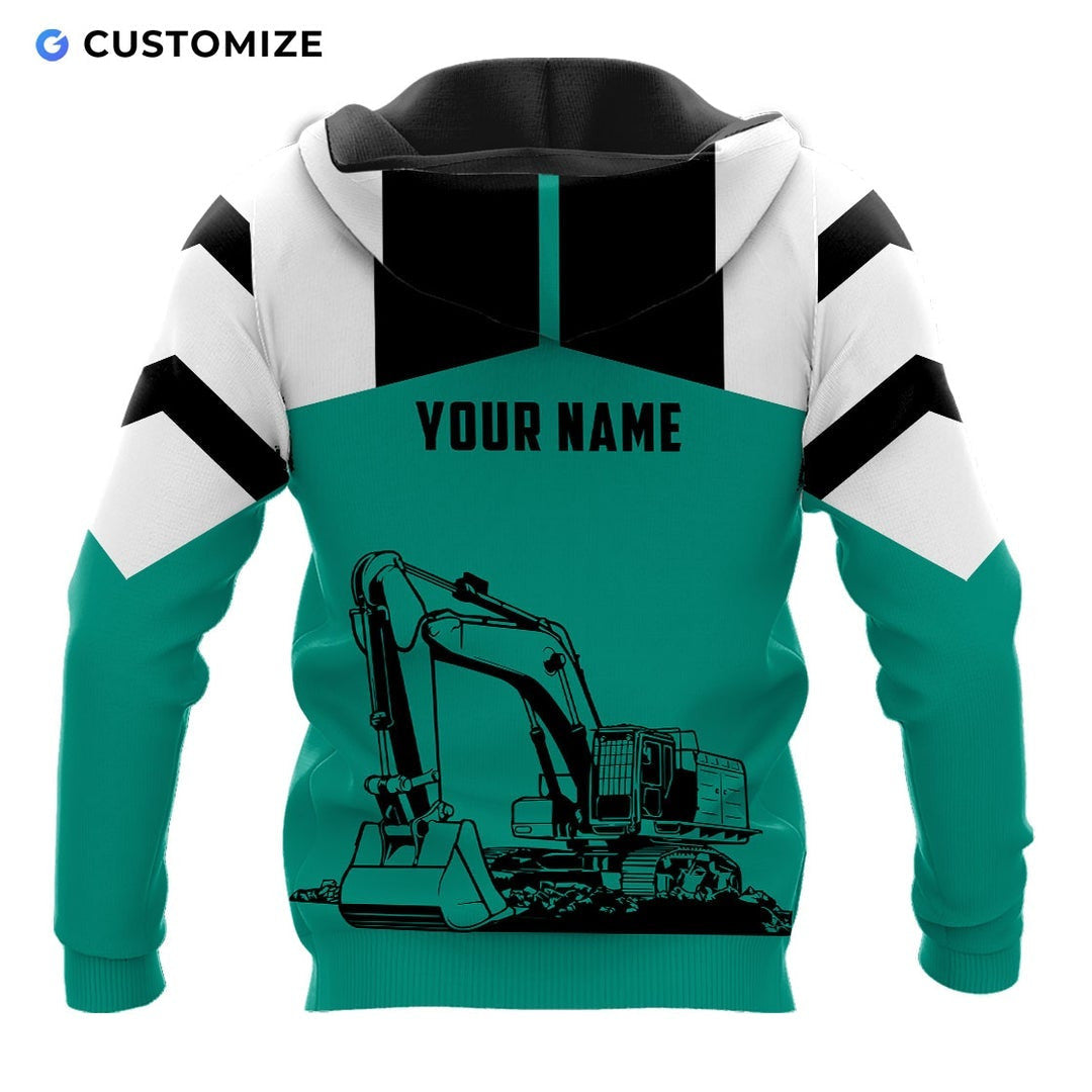 Personalized excavator operator hoodie featuring teal black excavator all-over print, back view