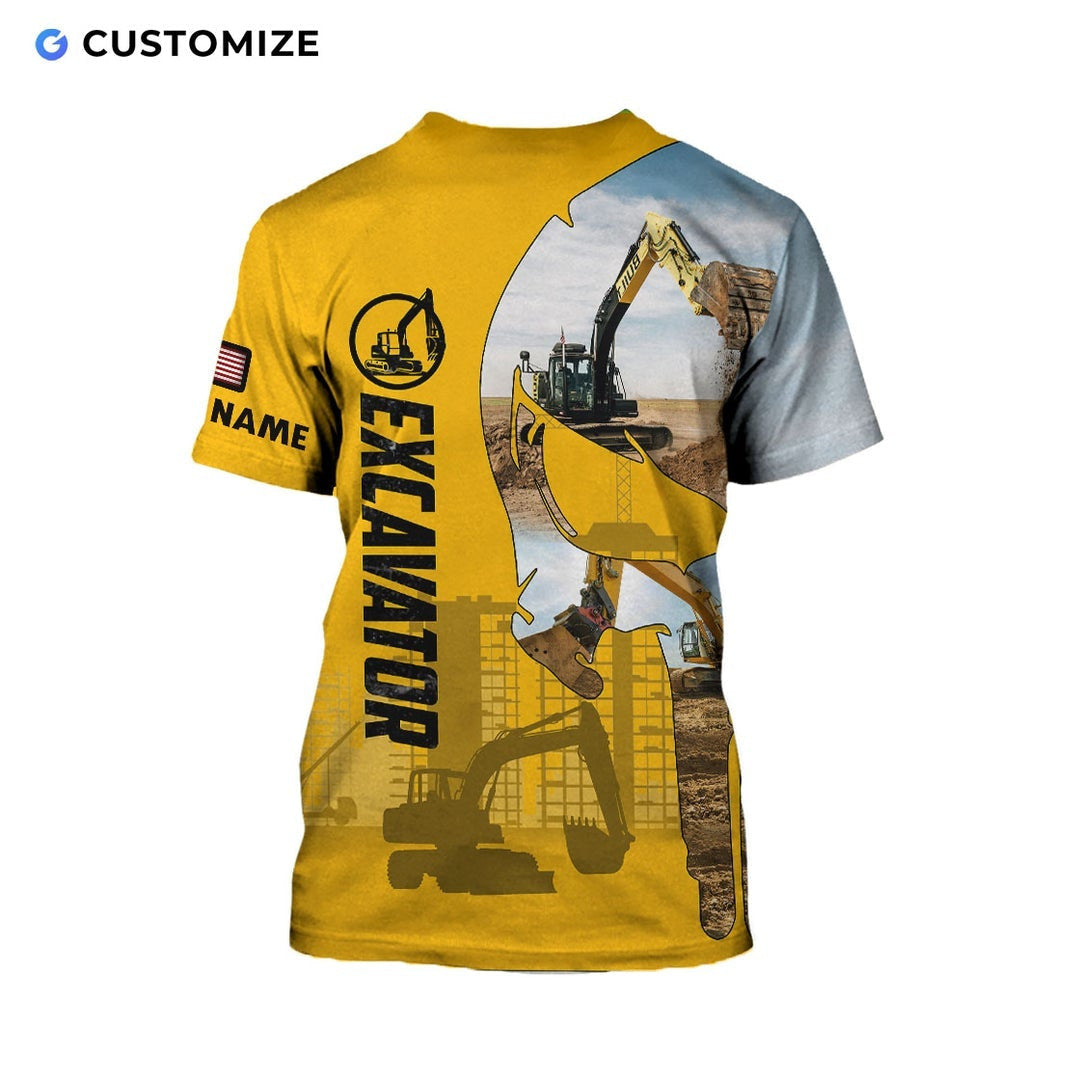 Personalized excavator operator t-shirt featuring yellow excavator collage all-over print, back view